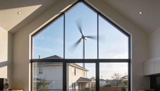 Sunlight pouring through arched window framing spinning wind turbine over suburban house
