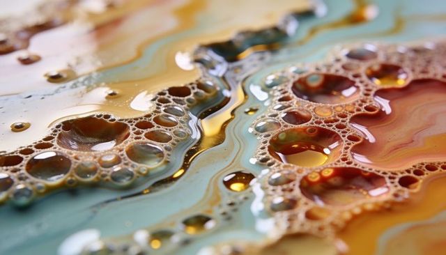 Macro liquid bubbles forming marbled iridescent abstract background with glossy foam rims