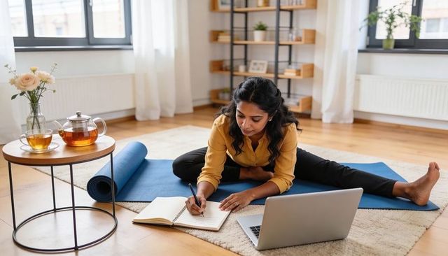 Woman writing on yoga mat while working remotely with laptop and tea in bright living room