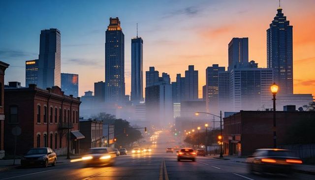 Downtown skyline emerging through morning mist while headlights streak along sloping street
