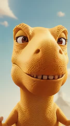 Stylized Yellow Dinosaur Thrusting Head and Smirking in Vertical Animated Video