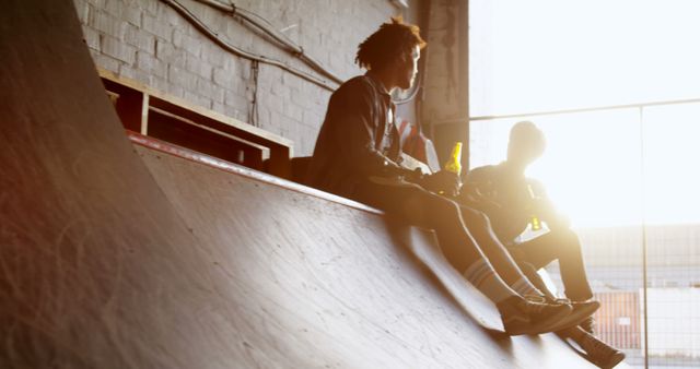 Two Men Relaxing and Talking in Skatepark with Drinks - Download Free Stock Images Pikwizard.com