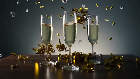 Gold Confetti Showering Champagne Flutes Creating Bubbly Ripples and Festive Sparkle