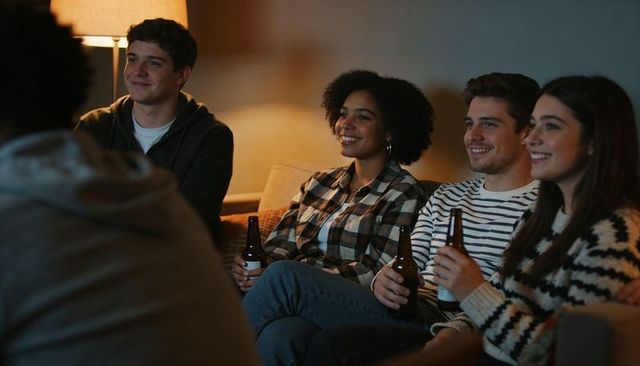 Group of friends relaxing on couch with beers during cozy evening movie night at home