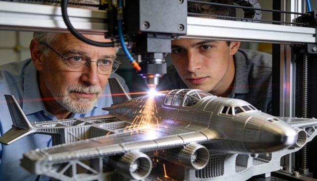 Laser machining twin-engine jet prototype engineers collaborating for precision fabrication