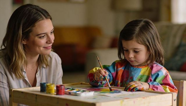 Smiling parent guiding young girl painting at table, family bonding and creative play