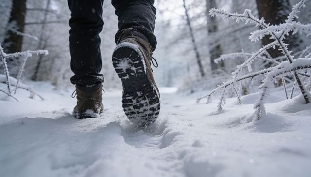 Hiker walking through snowy forest trail leaving footprints in fresh winter snow