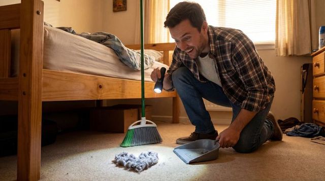 Kneeling man inspecting heart-shaped dust on carpet with flashlight while sweeping