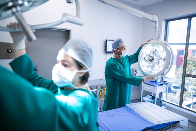 Surgeons adjusting surgical light in operation room at hospital