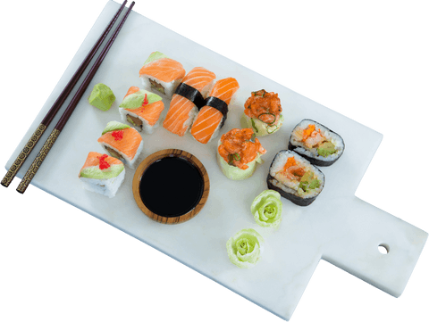 transparent board with assorted sushi on marble board - Download Free Stock Videos Pikwizard.com