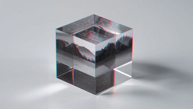 Glass cube holding miniature mountain lake panorama with rgb fringe and prism refraction