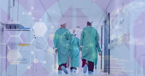 Team of Surgeons Walking in Hospital with Tech Overlay