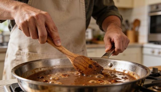 Home cook stirring rich brown sauce in stainless skillet on gas stove with wooden spoon