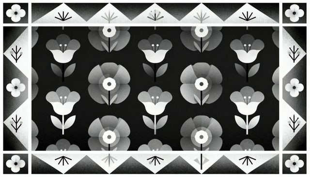 Monochrome folk floral tile pattern featuring rosettes, tulips and geometric border motifs