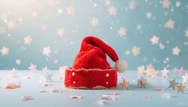 Red Santa Hat Resting on Pastel Star Bokeh with Gold Trim and Pom Pom for Holiday Season