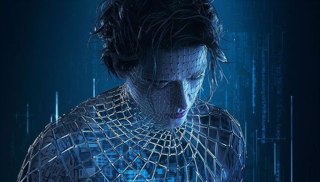 Gazing male android revealing circuitry beneath metallic lattice in neon data stream