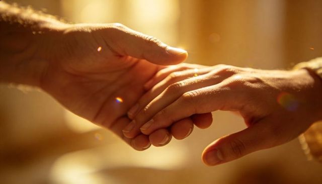 Hands holding in warm golden light conveying tenderness, comfort and human connection