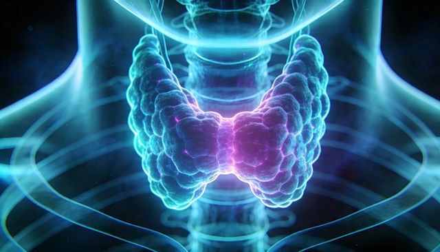 Glowing 3D Thyroid Gland Illustration Showing Butterfly Shape with Trachea Neon Luminescent