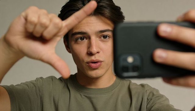Teen taking selfie while framing face with hand, expressive young man holding smartphone