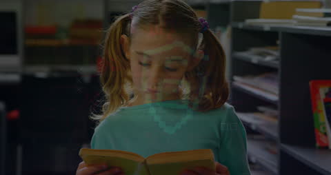 Young Girl Reading with Digital Interface Overlays in Library