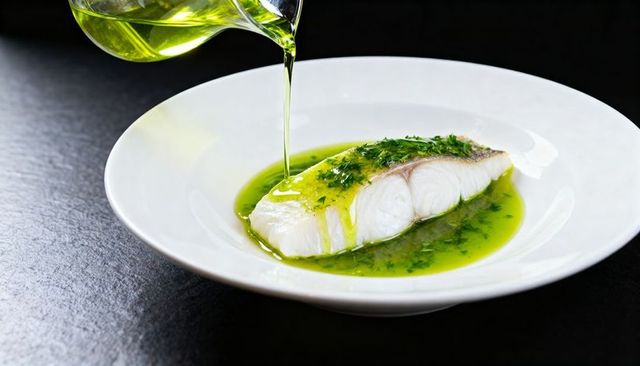 White fish fillet drizzling vibrant green herb oil on minimalist white bowl