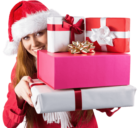 Joyful Redhead Holding Holiday Gifts in Santa Hat Transparent Background