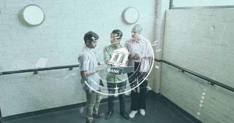 Professionals collaborating on fintech with digital banking icon