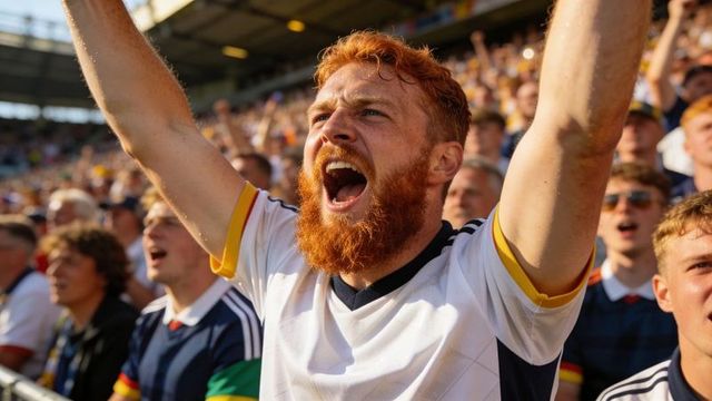 Red-bearded fan cheering and raising arms in sunlit football stadium crowd