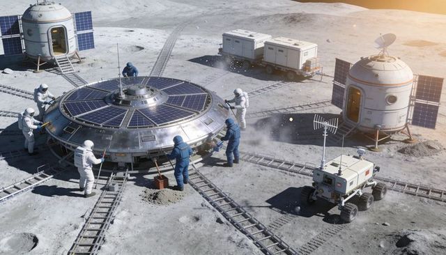 Lunar Base Assembly Crew Securing Central Solar Hub on Moon Surface with Rover Support