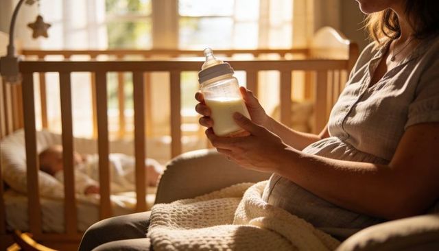 Pregnant woman holding baby bottle in cozy nursery while newborn sleeps in crib