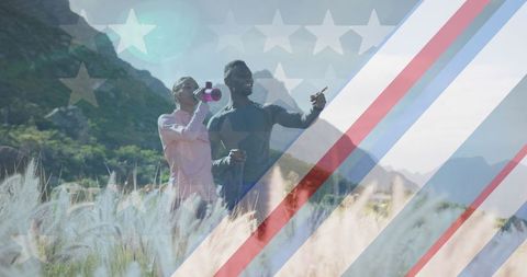 Couple Enjoying Mountain Hike with American Flag Overlay