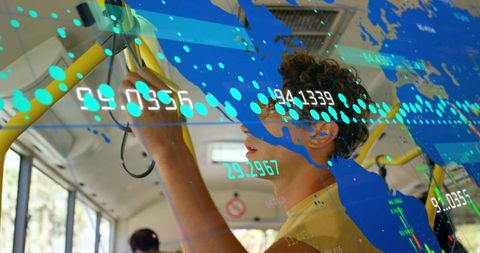 Data and Technology Overlay with Man on Public Bus