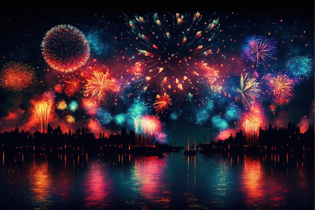Multi coloured fireworks exploding over water, created using generative ai technology. Fireworks, new year's eve and celebration concept digitally generated image.