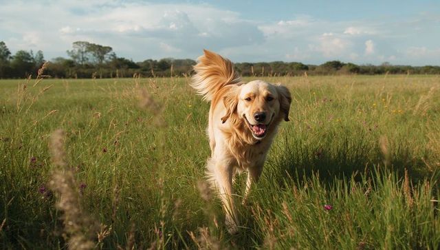 Golden retriever sprinting through sunlit meadow, happy dog running in tall grass