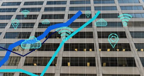 Digital cloud technology icons on office building facade