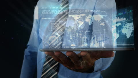 Businessman Analyzing Global Data on Tablet