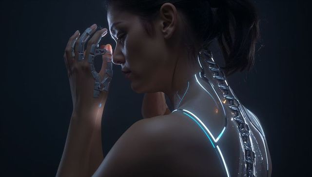 Cyborg woman examining robotic hand with illuminated spinal implant and cybernetic harness