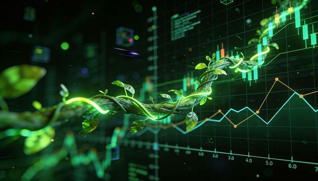 Bioluminescent vine weaving through holographic stock charts with neon data visualization