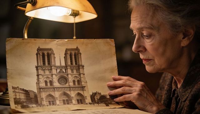 Elderly woman studying vintage Notre-Dame photograph under warm lamp light, nostalgic memory