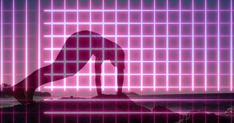 Female doing downward dog on rocky shore at sunset, stretching with neon grid overlay