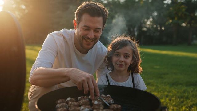 Father and daughter grilling meat patties in backyard