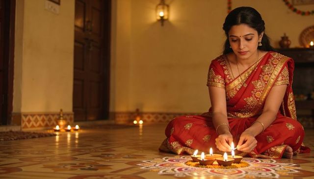 Indian woman in red saree lighting clay diyas on colorful rangoli for diwali celebration