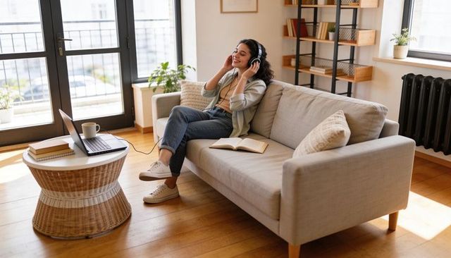 Young woman relaxing on sunlit sofa listening to music with laptop and open book at home