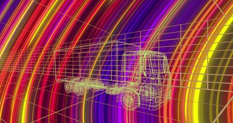 Futuristic Truck Wireframe with Vibrant Neon Moving Lines