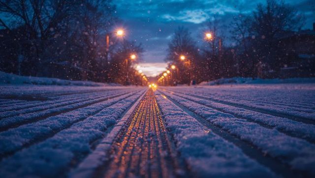 Urban Snowy Street at Dusk with Rows of Distant Lights