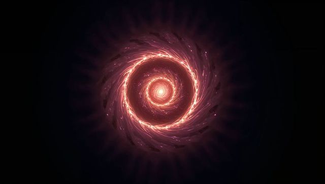 Glowing spiral energy vortex radiating neon core and filament halo in dark cosmic void