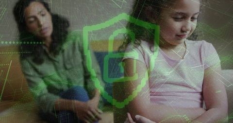 Young girl sitting looking down with caregiver and green cybersecurity shield overlay