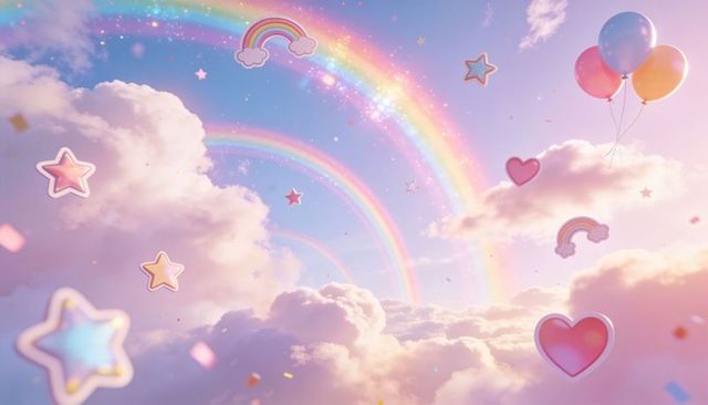 Whimsical floating pastel cloudscape with double rainbows, hearts, stars and balloons