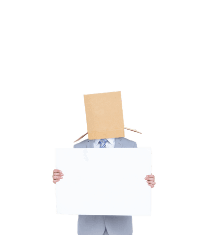 Caucasian Businessman with Box on Head Holding Blank Board on Transparent Background