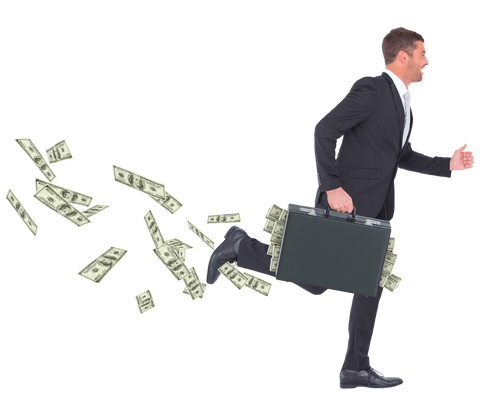 Caucasian Businessman Running with Dollar Bills on Transparent Background